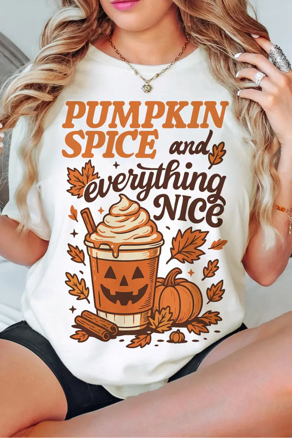 White Fall Vibe Thanksgiving Graphic Heat Transfer Printing T Shirt pumpkin spice everything nice