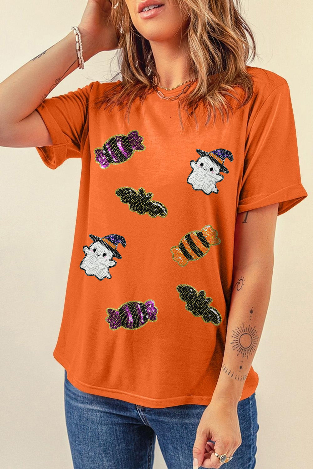 Black Halloween Spirit Pattern Sequins Patch Custom Casual Tee