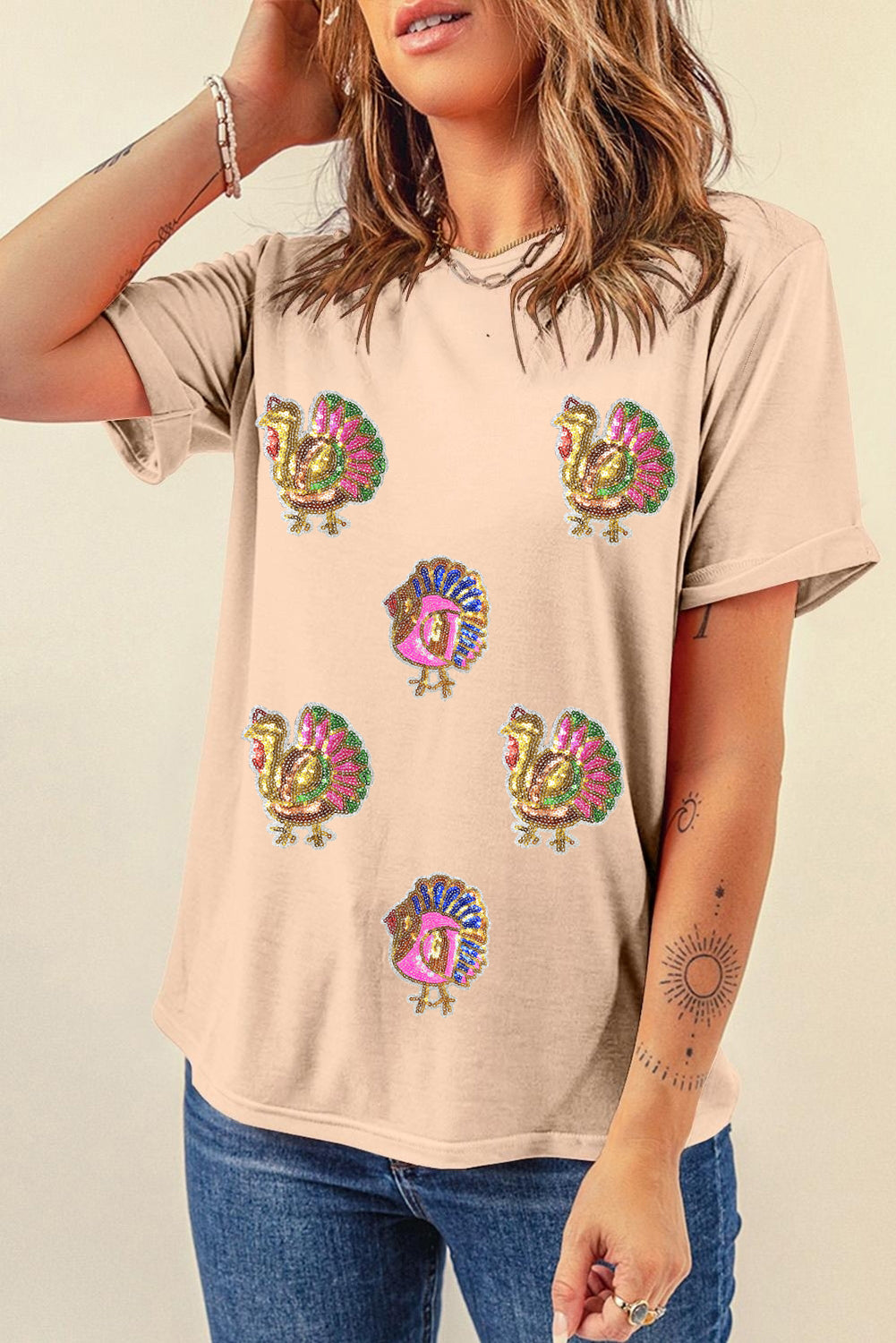 Khaki Thanksgiving Turkey Graphic Sequins Patch Crewneck Tee