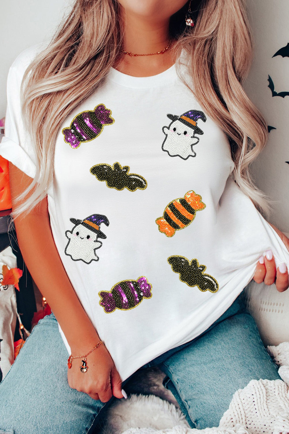 Black Halloween Spirit Pattern Sequins Patch Custom Casual Tee