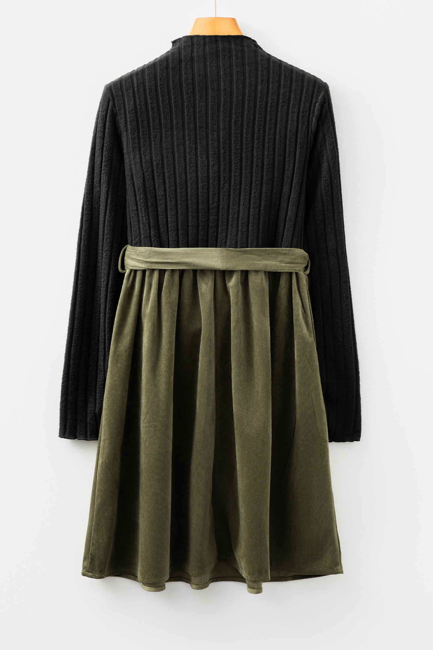 Black Ribbed Knit Slim Bodice Contrast Flared Skirt Patchwork Belted Dress Christmas