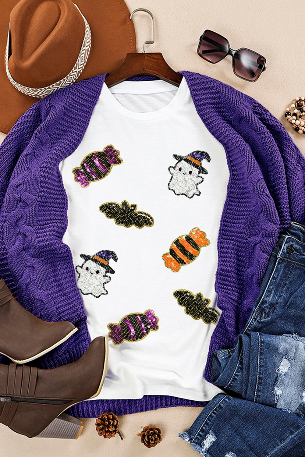 Black Halloween Spirit Pattern Sequins Patch Custom Casual Tee