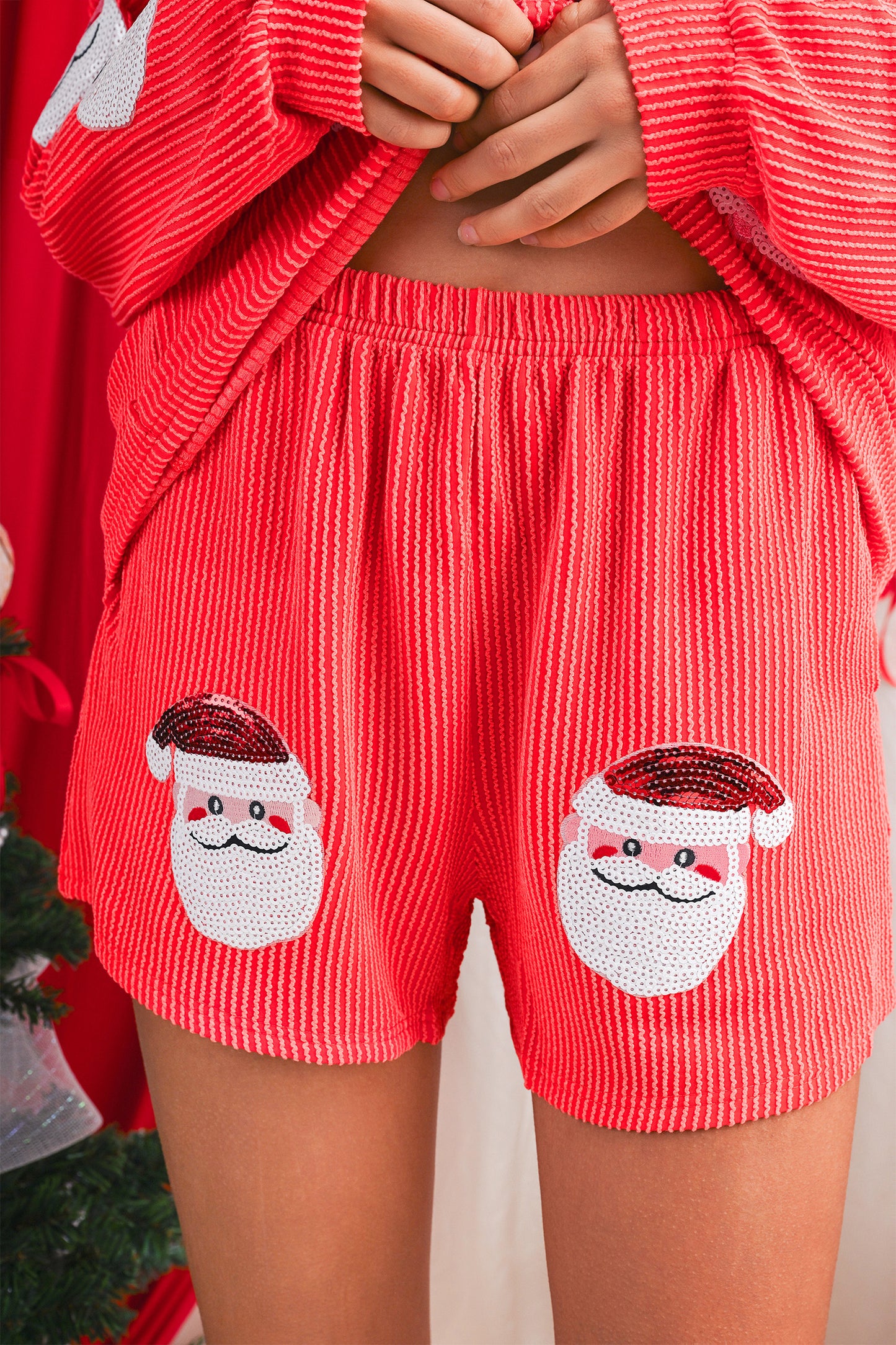 Gold Flame Corded Sequin Christmas Santa Clause Pullover top and Shorts Set