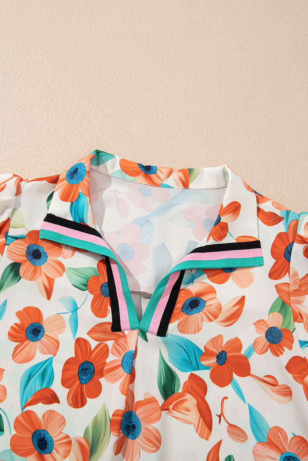 Orange Pop of Color Split Neck Puff Sleeve Floral Mini Dress