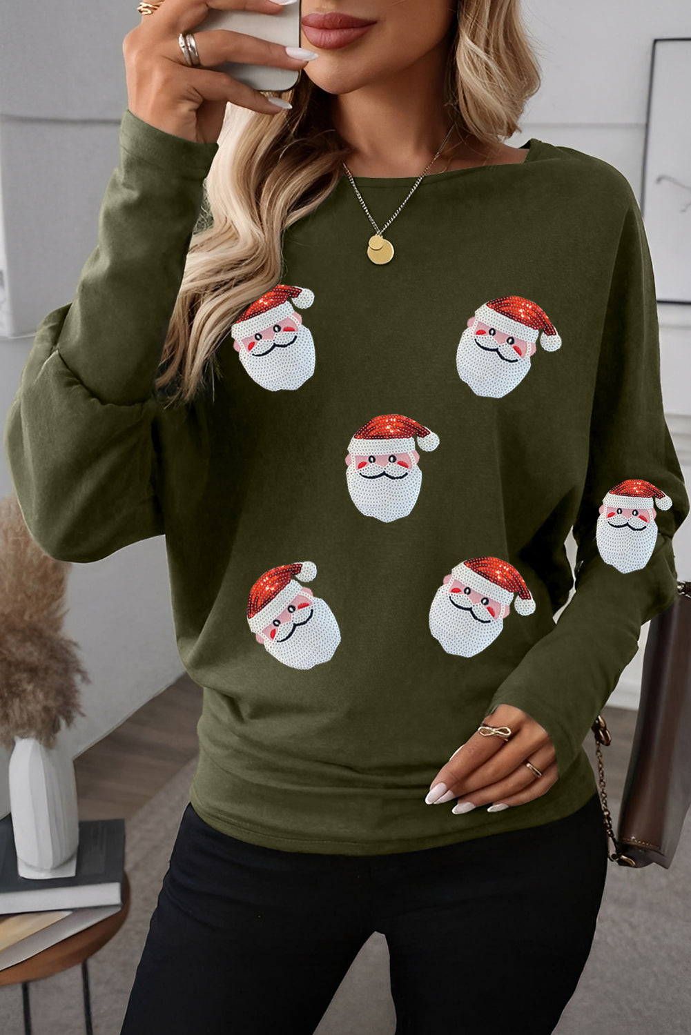 Christmas Sequin Santa Claus Patched Dolman Long Sleeve Top