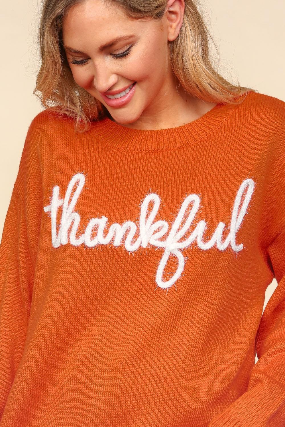 Haptics Full Size Metallic Glitter Embroidery Sweater Thankful Thanksgiving