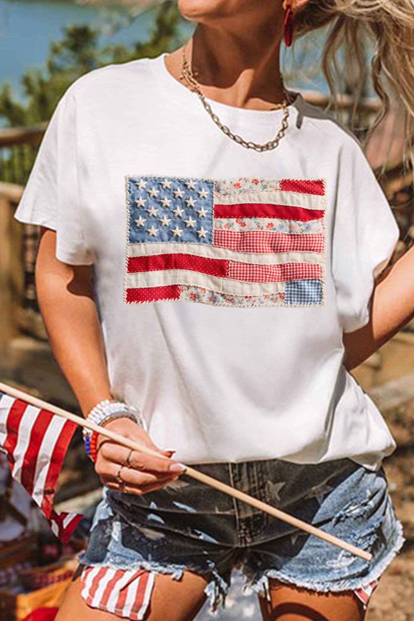 White Faux Patchwork Printed US Flag Casual Tee 4th of July