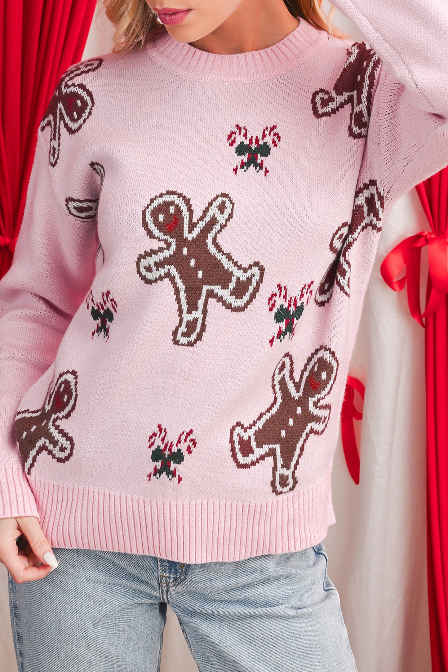 Pink Christmas Ginger Bread Man Print Round Neck Casual Sweater
