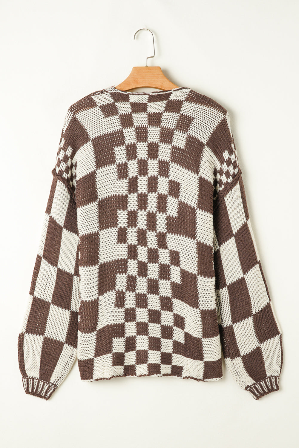 Colorblock Checked Open Front Knitted Cardigan