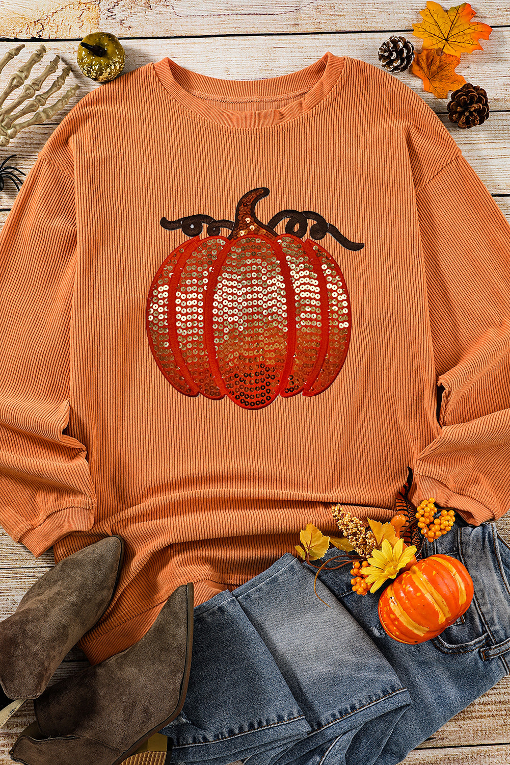 Orange Crinkle Ribbed Thanksgiving Sequin Pumpkin Graphic Sweatshirt