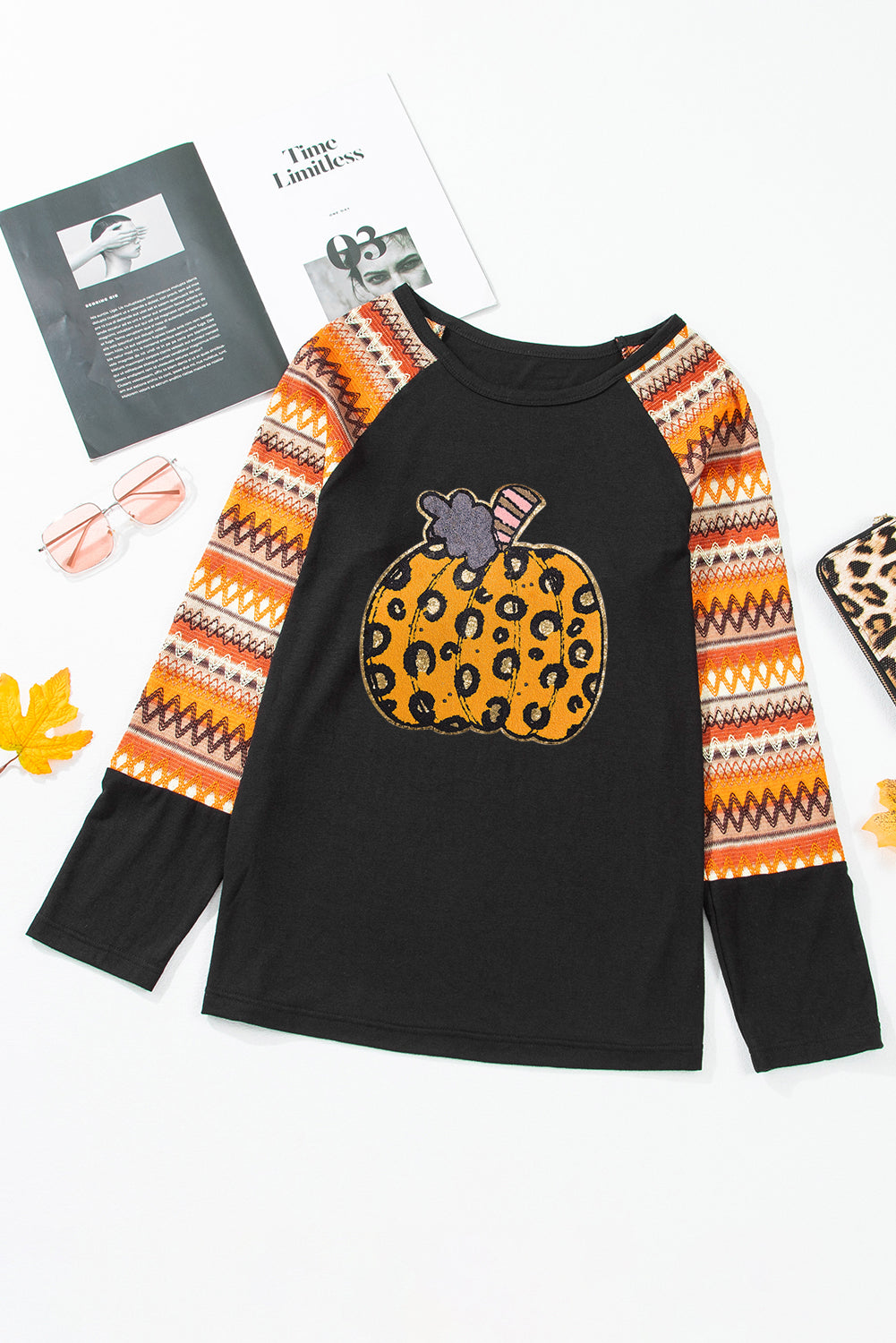 Orange Leopard Pumpkin Patched Contrast Long Sleeve Top