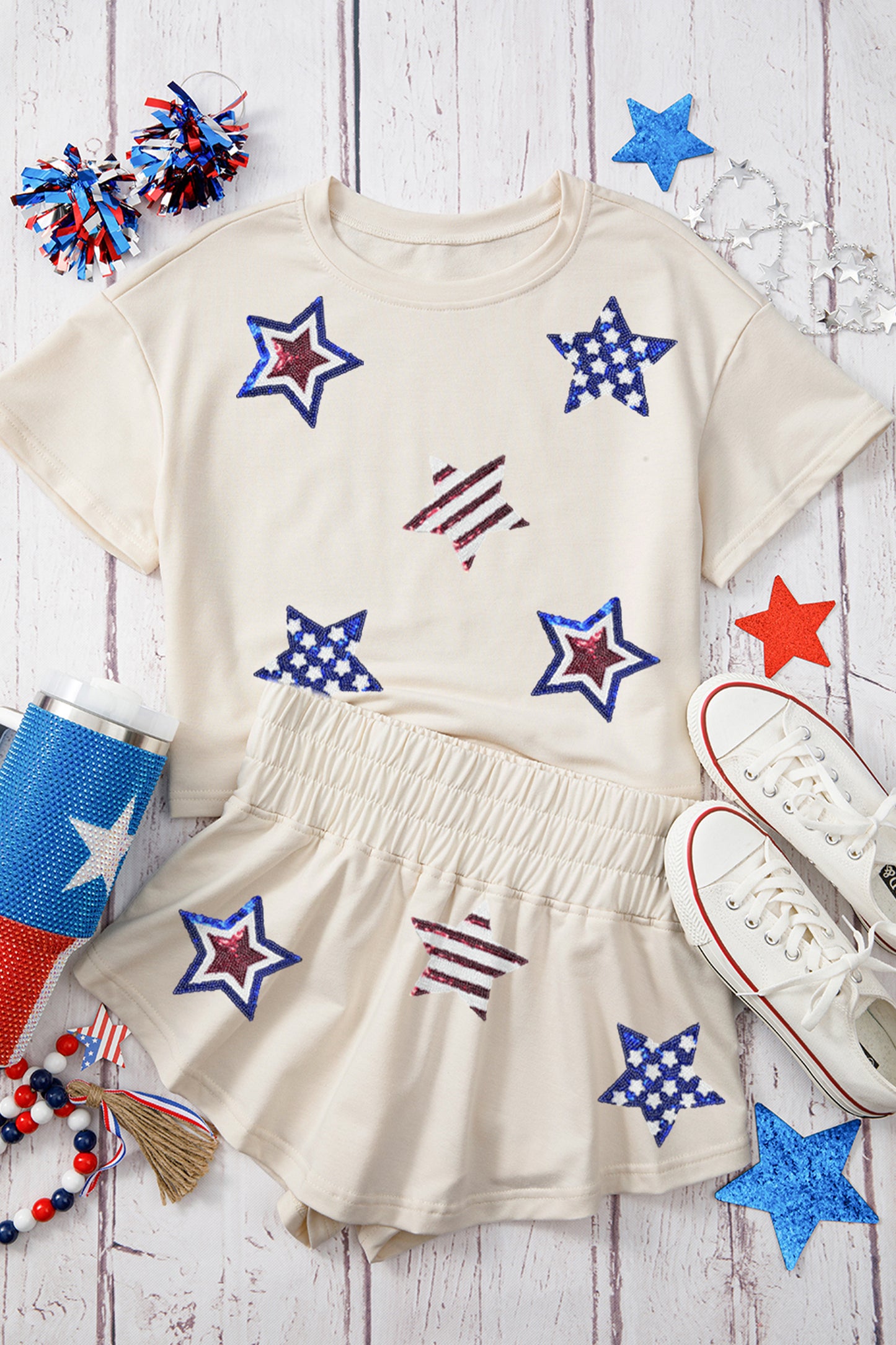 Beige Sequin Patriotic Star Cropped Tee Skort 2 piece Set 4th of July