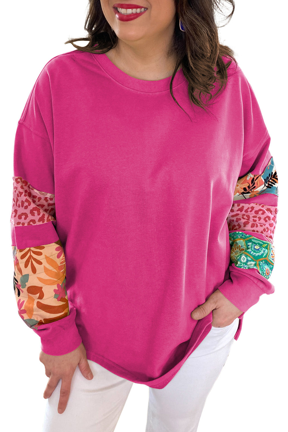 Beige Leopard Patchwork Sleeve Split Plus Size Sweatshirt