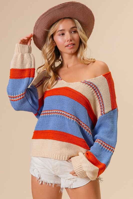 BiBi Multi Color Stripe Scoop Neck Sweater