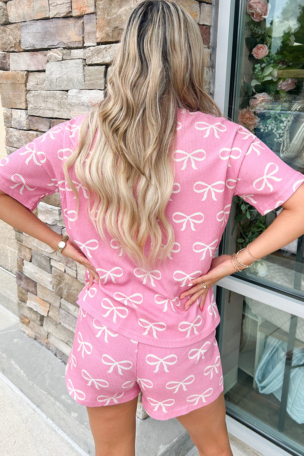 Pink Waffle Knit Bowknot Printed two piece V Neck T Shirt And Shorts Set