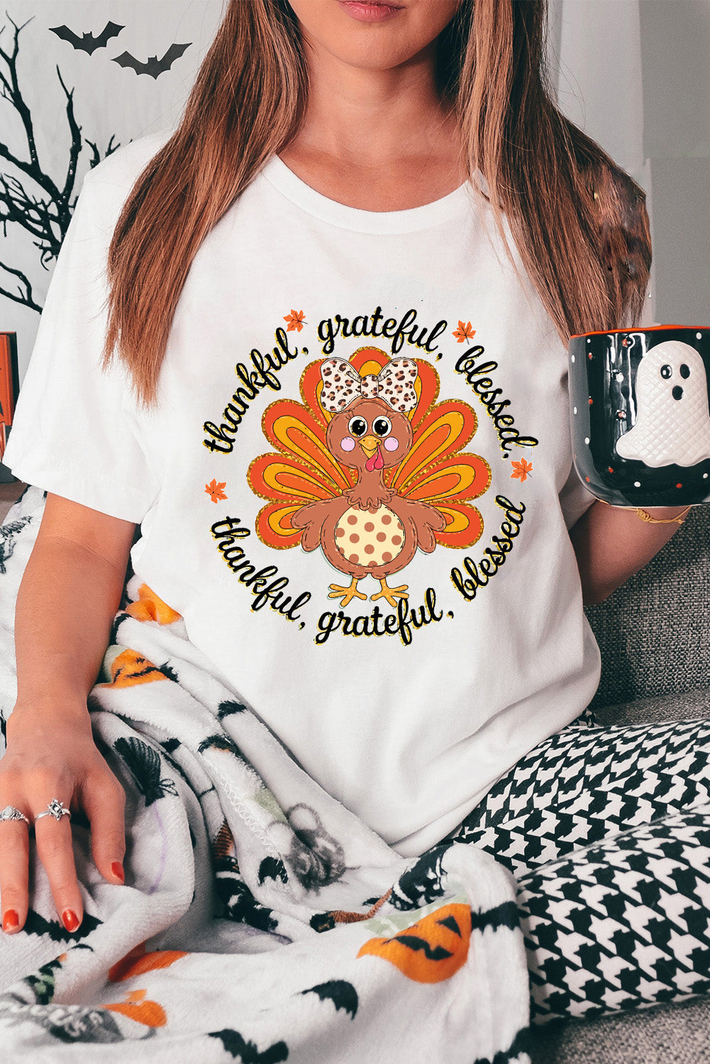 White Thanksgiving Cute Turkey thankful grateful blessed T Shirt