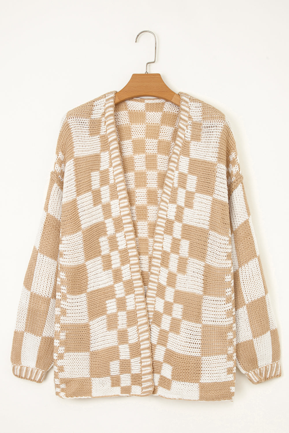 Colorblock Checked Open Front Knitted Cardigan