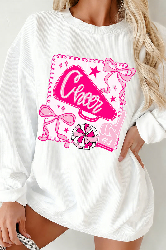 White 3D Ribbed Coquette Cheer Game Day Sweatshirt