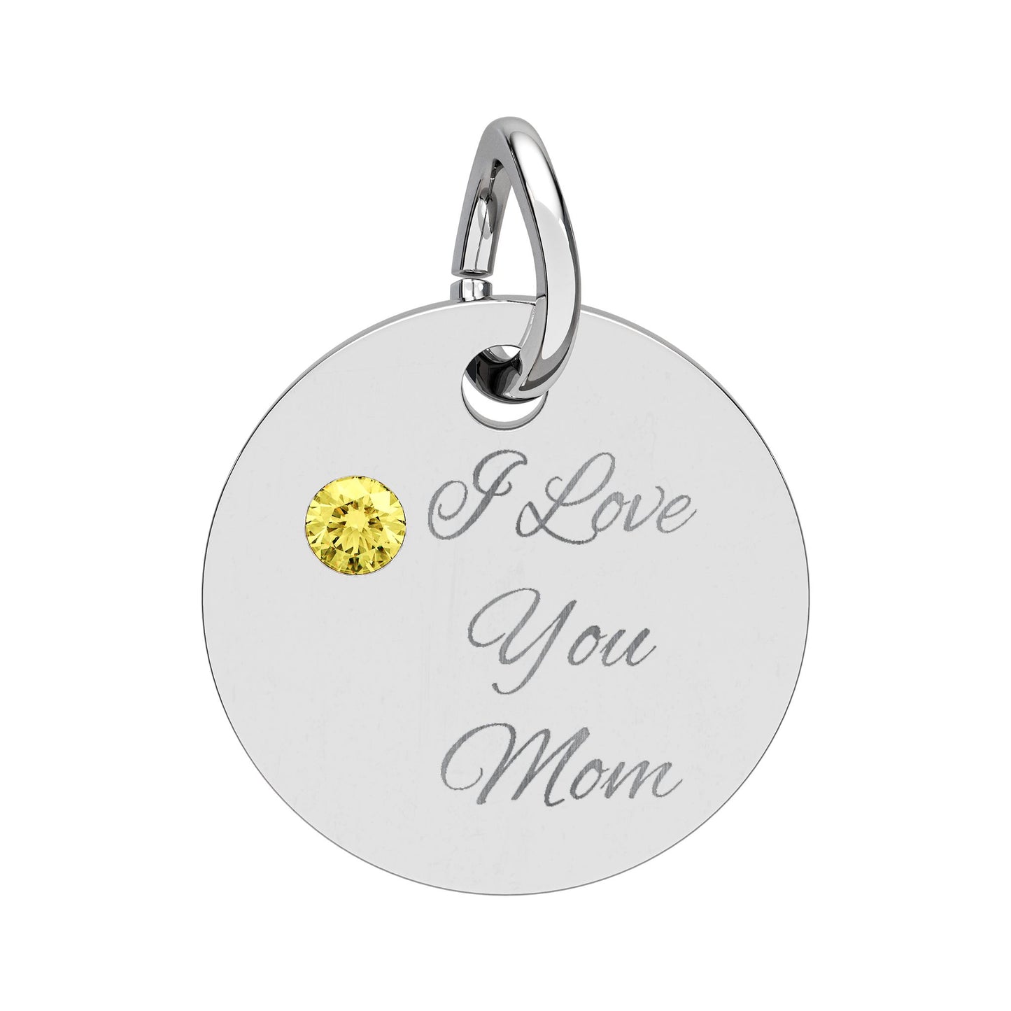 Birthstone Circle Charm Engraved I Love You Mom mothers day Silver Pendant