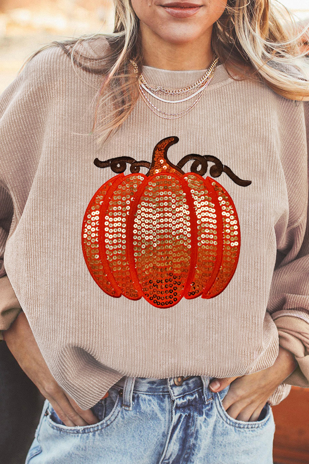 Orange Crinkle Ribbed Thanksgiving Sequin Pumpkin Graphic Sweatshirt