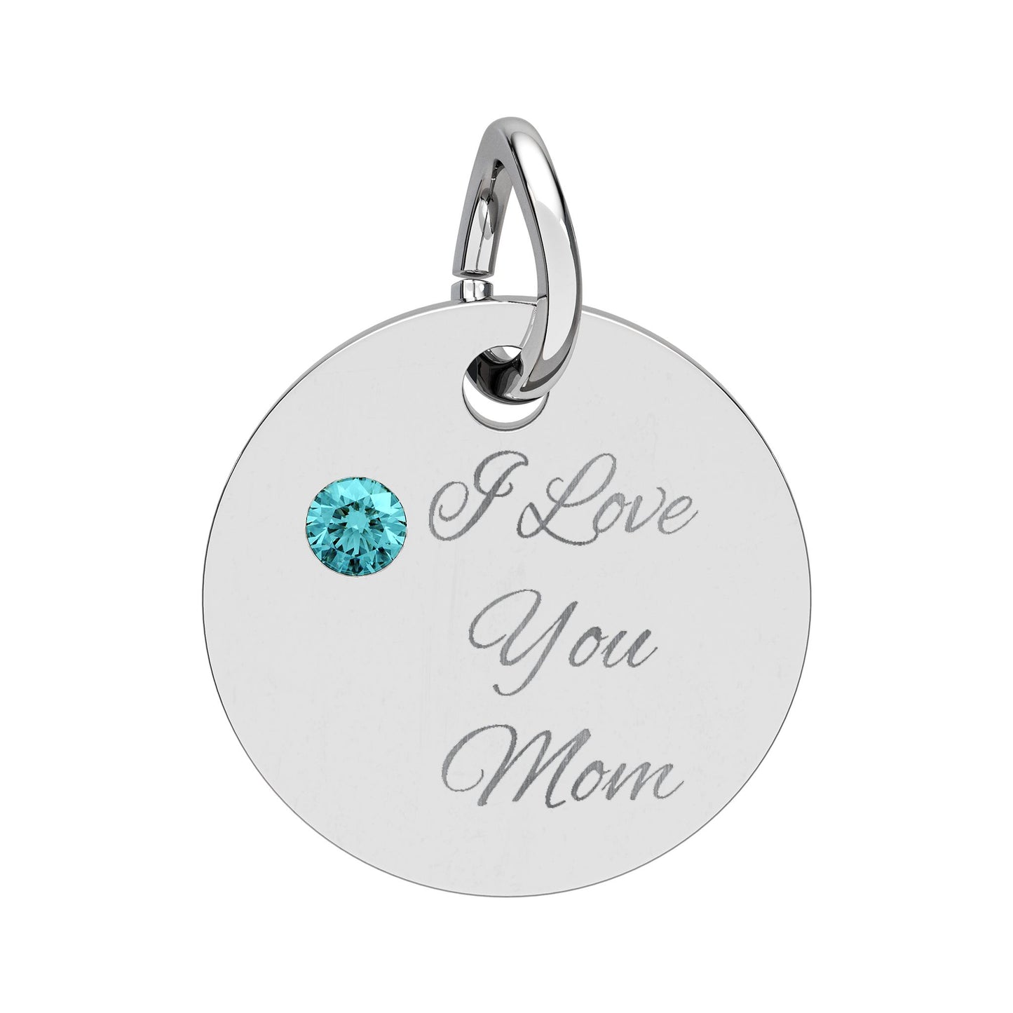 Birthstone Circle Charm Engraved I Love You Mom mothers day Silver Pendant