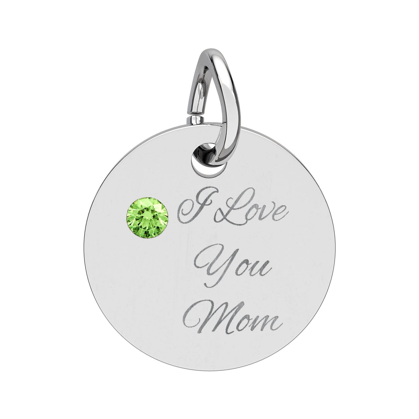 Birthstone Circle Charm Engraved I Love You Mom mothers day Silver Pendant