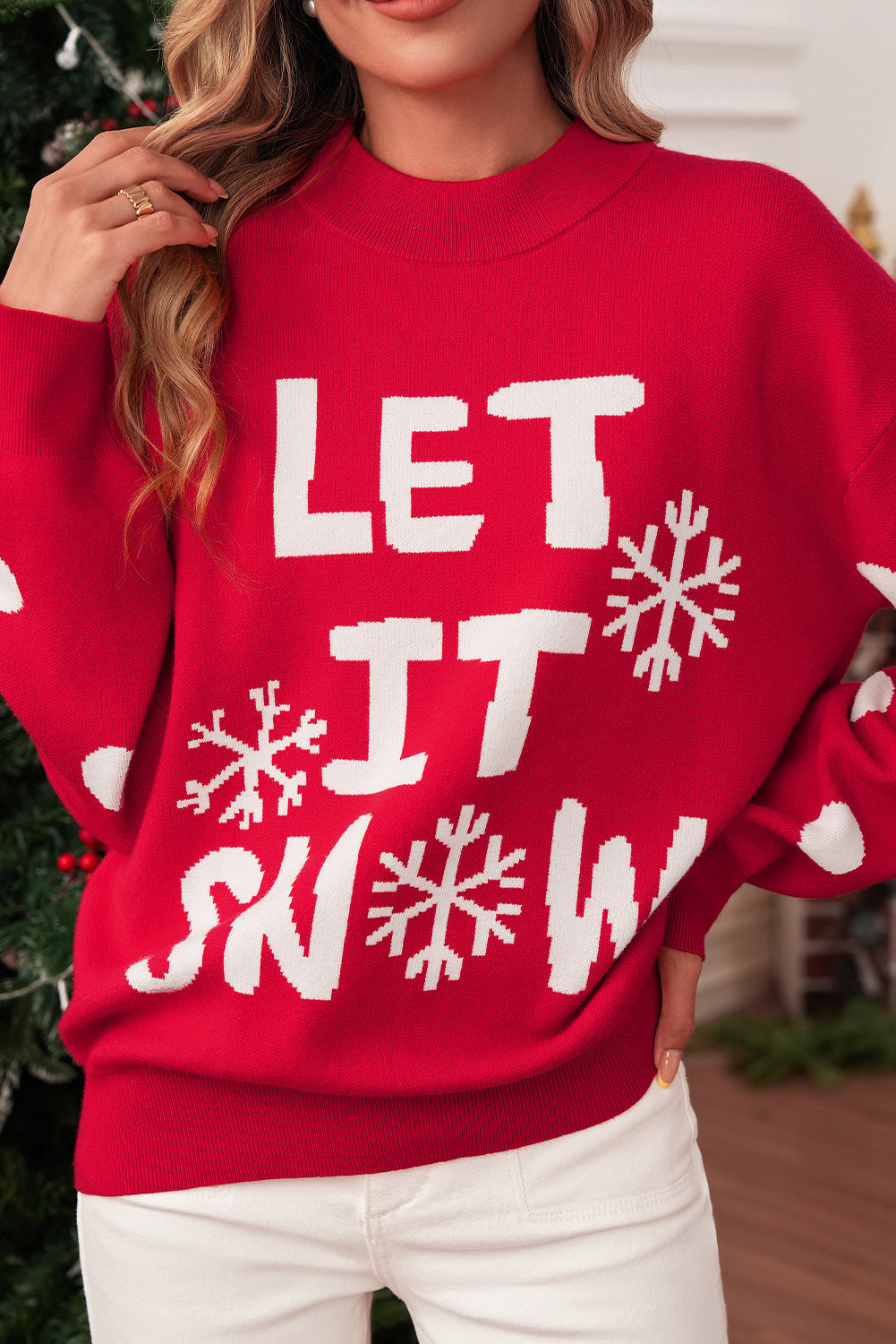 Red Dahlia LET IT SNOW Christmas Dotty Sleeve Loose Sweater