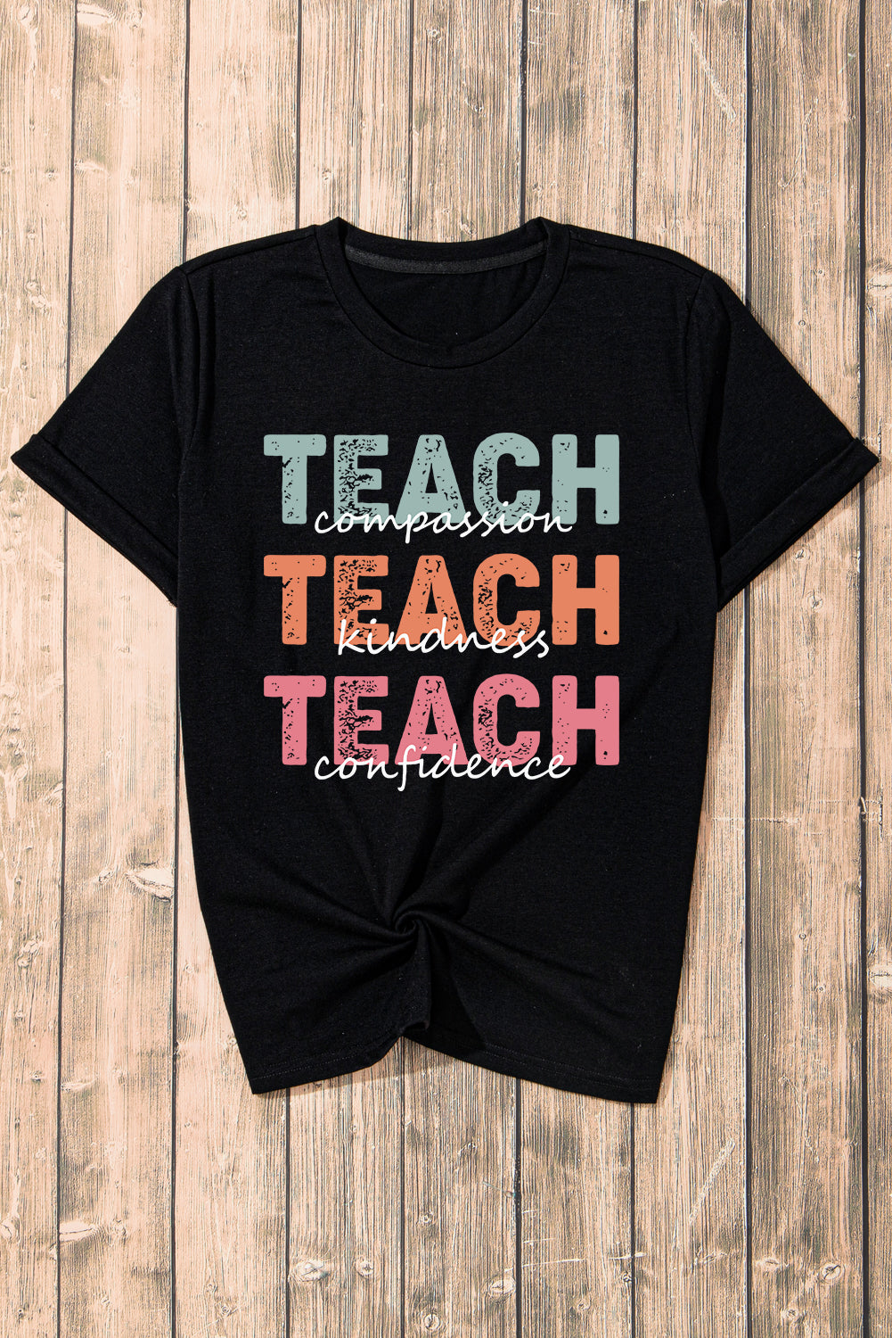 Black TEACH Letter Graphic Crewneck T Shirt