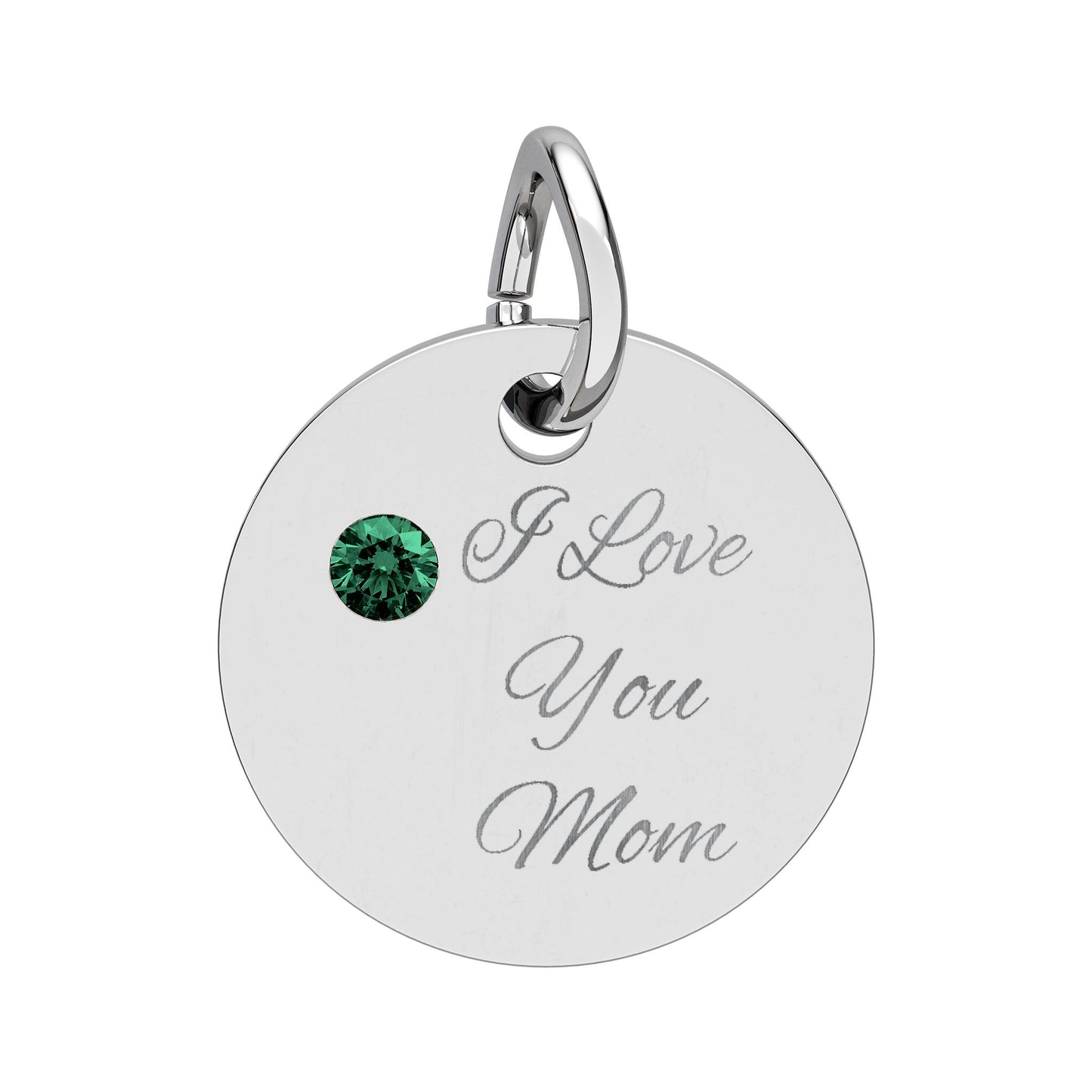 Birthstone Circle Charm Engraved I Love You Mom mothers day Silver Pendant