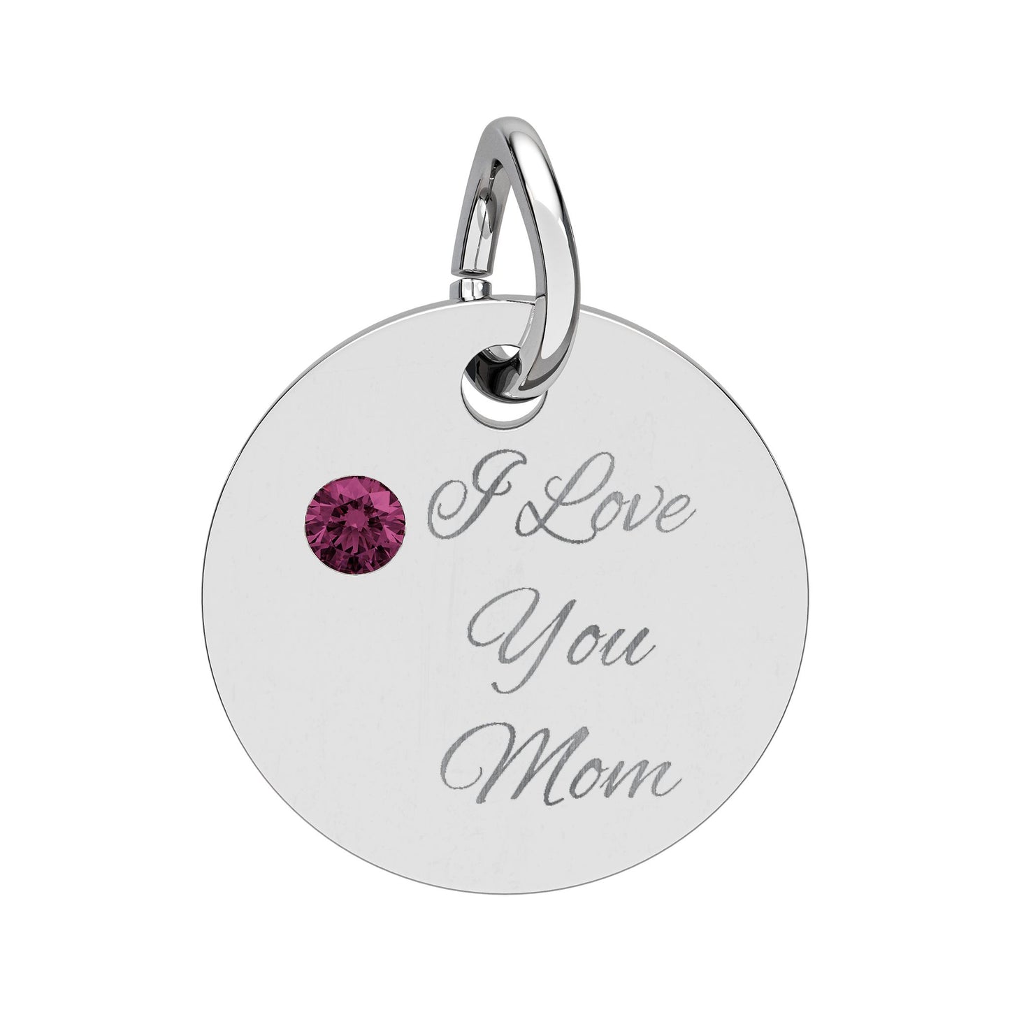 Birthstone Circle Charm Engraved I Love You Mom mothers day Silver Pendant