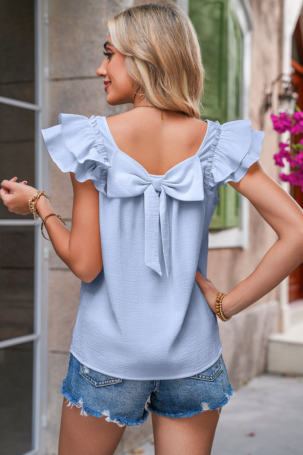 Gossamer Pink Textured Bow Frilled Ruffle Sleeve Blouse