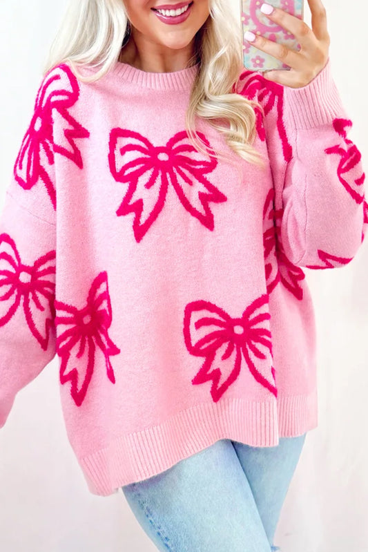 Pink Bow Pattern Drop Sleeve Loose Sweater