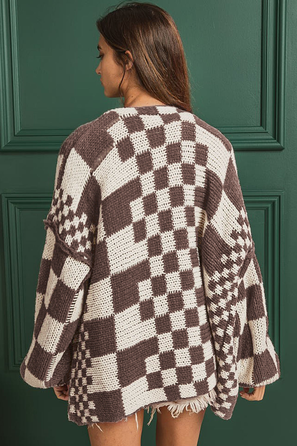 Colorblock Checked Open Front Knitted Cardigan