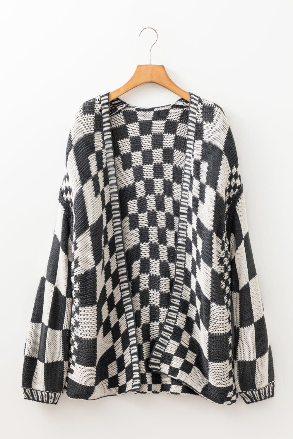 Colorblock Checked Open Front Knitted Cardigan