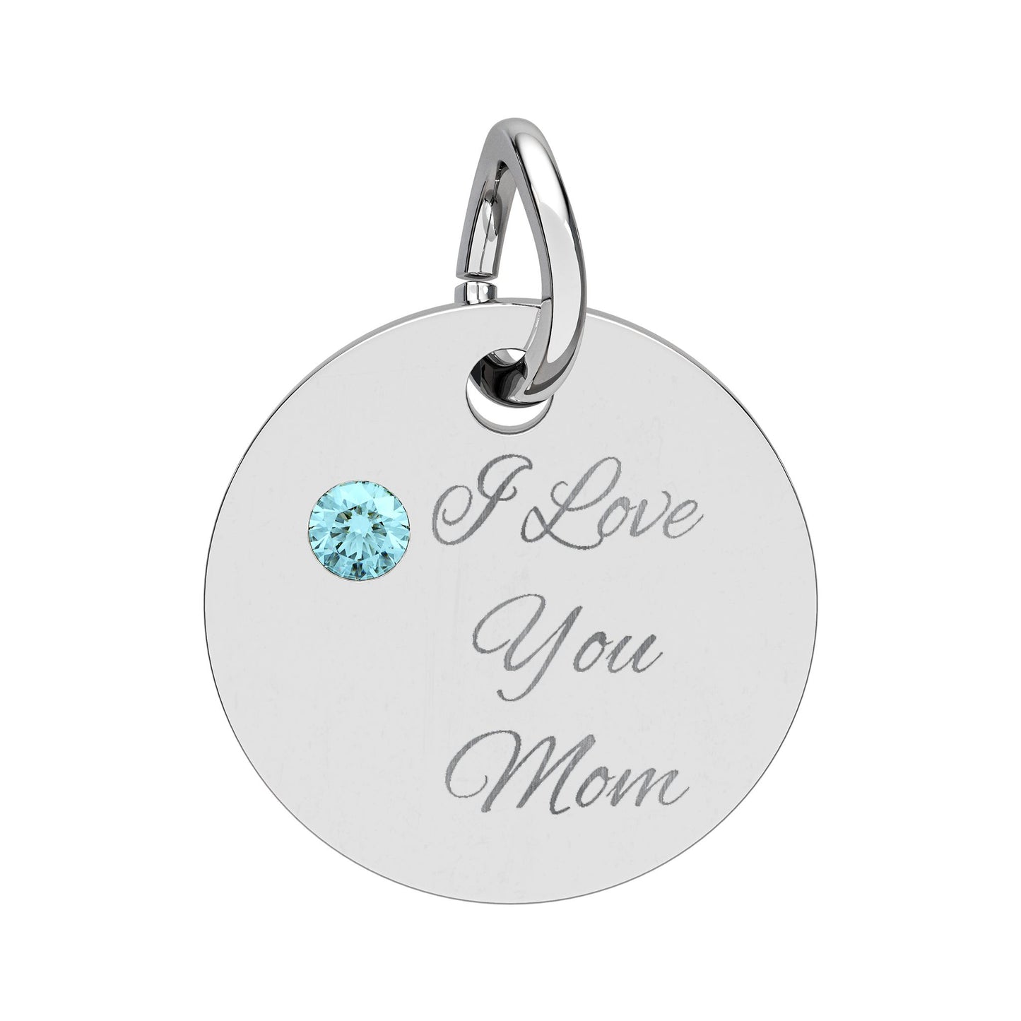 Birthstone Circle Charm Engraved I Love You Mom mothers day Silver Pendant