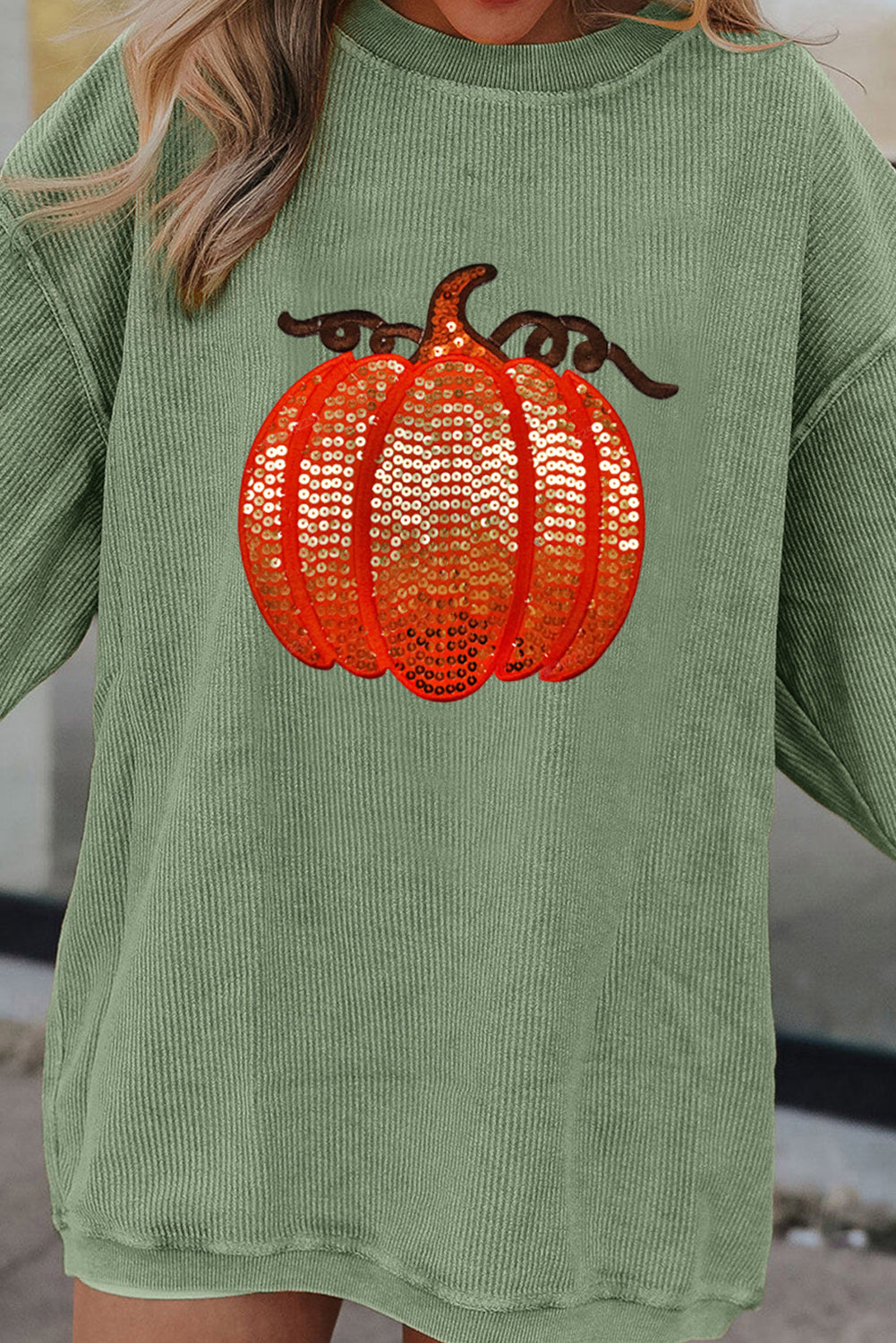 Orange Crinkle Ribbed Thanksgiving Sequin Pumpkin Graphic Sweatshirt