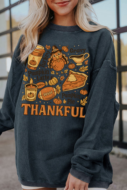 Dark Grey Twisted Ribbed THANKFUL Fall Fashion Heat Transfer Printing Baggy Sweatshirt Thanksgiving