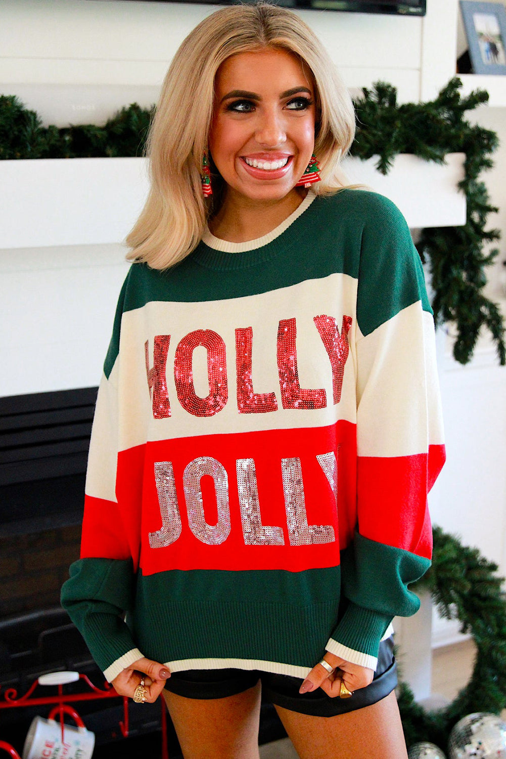 Green HOLLY JOLLY Sequined Colorblock Crew Neck Sweater Christmas