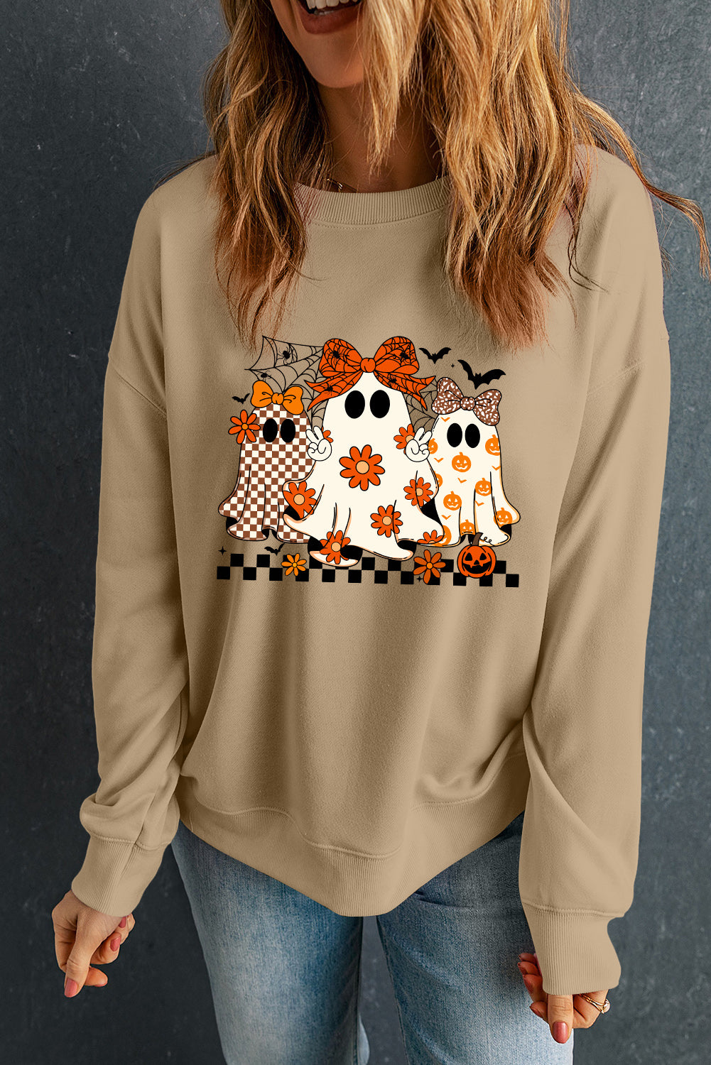 Khaki Cute Halloween Ghost Heat Transfer Printing Graphic Baggy Sweatshirt
