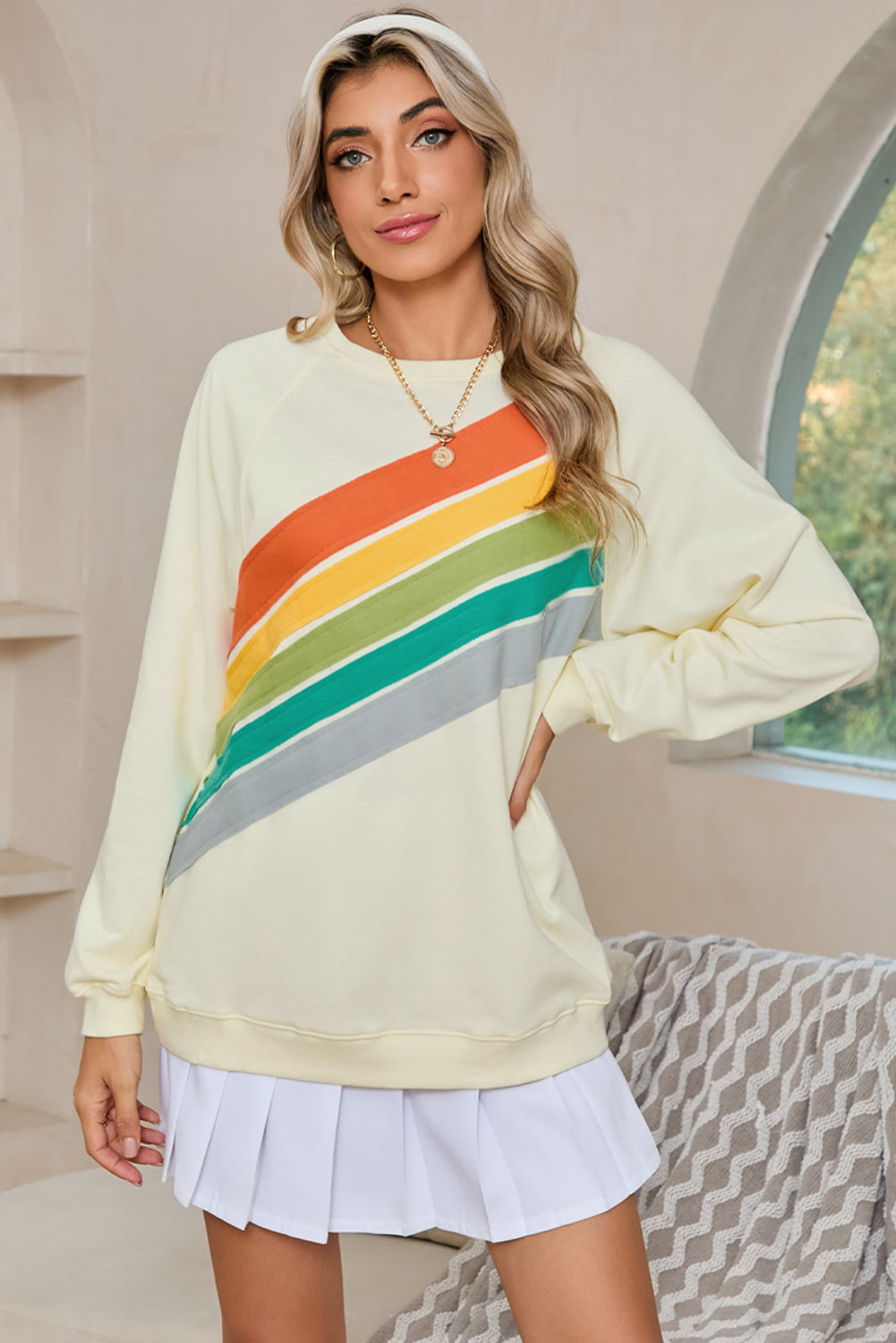 Apricot Rainbow Colorblock Pullover Sweatshirt