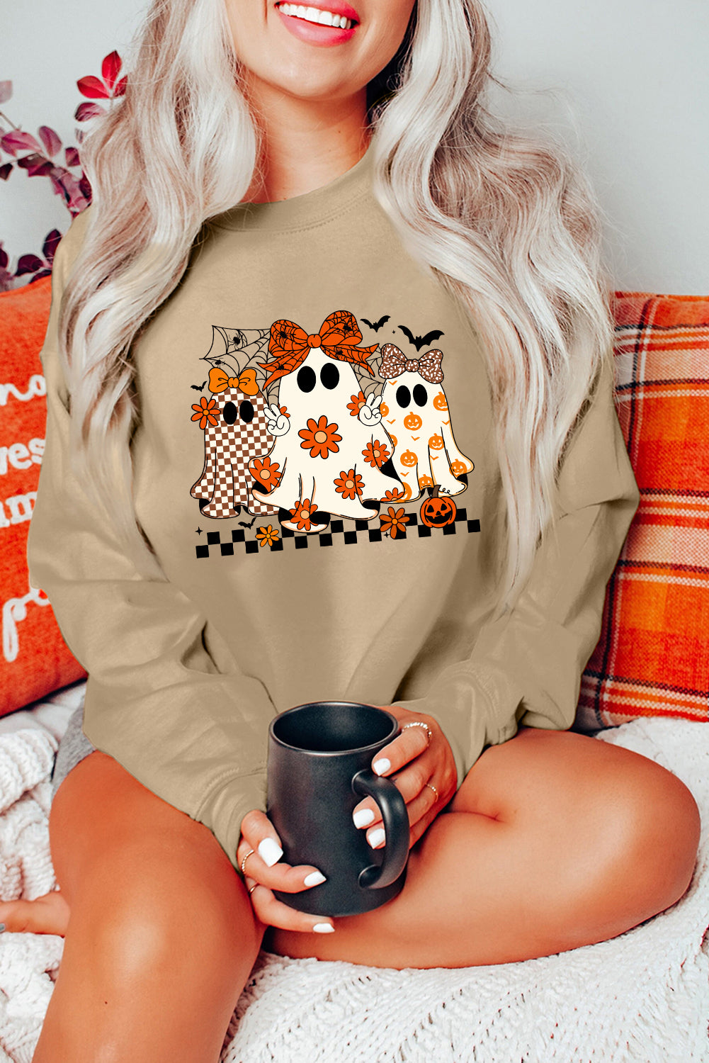 Khaki Cute Halloween Ghost Heat Transfer Printing Graphic Baggy Sweatshirt