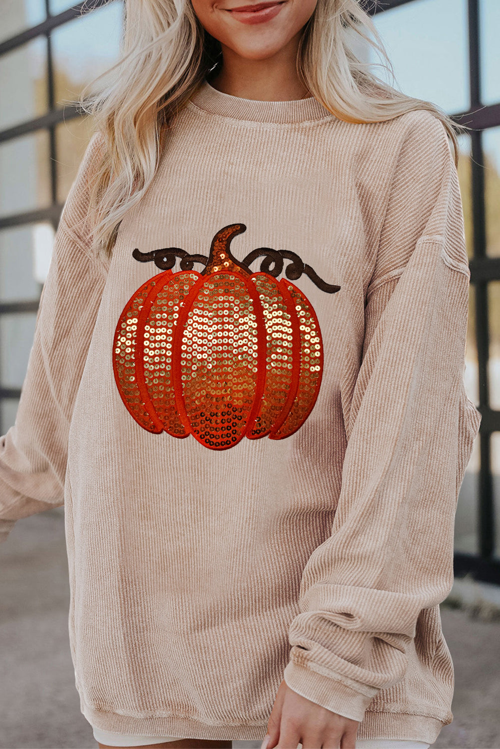 Orange Crinkle Ribbed Thanksgiving Sequin Pumpkin Graphic Sweatshirt