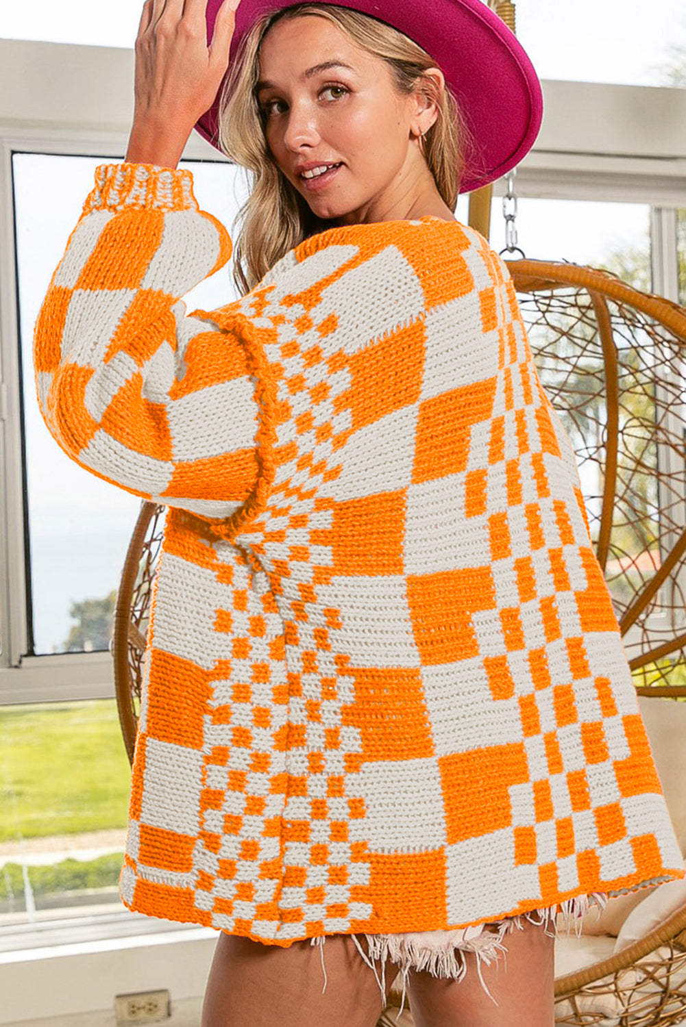 Colorblock Checked Open Front Knitted Cardigan
