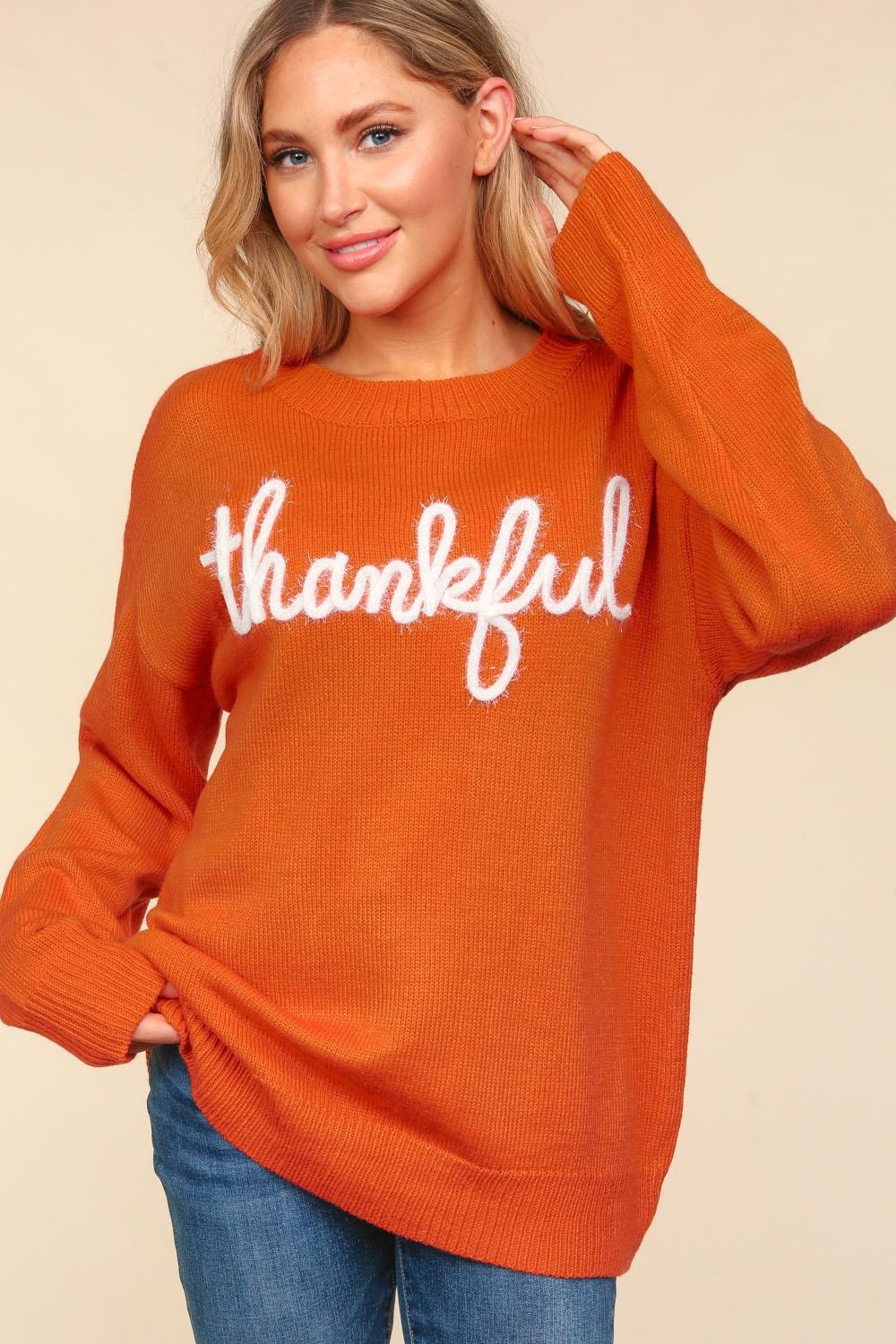 Haptics Full Size Metallic Glitter Embroidery Sweater Thankful Thanksgiving