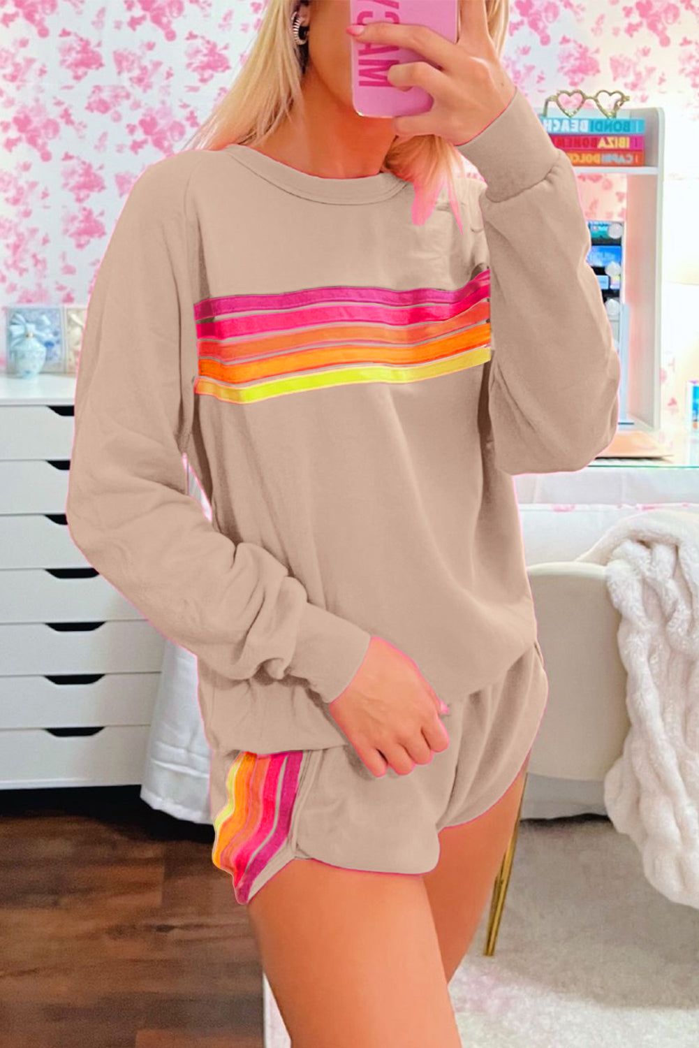 Bonbon Colorful Striped Long Sleeve Pullover and Shorts Set