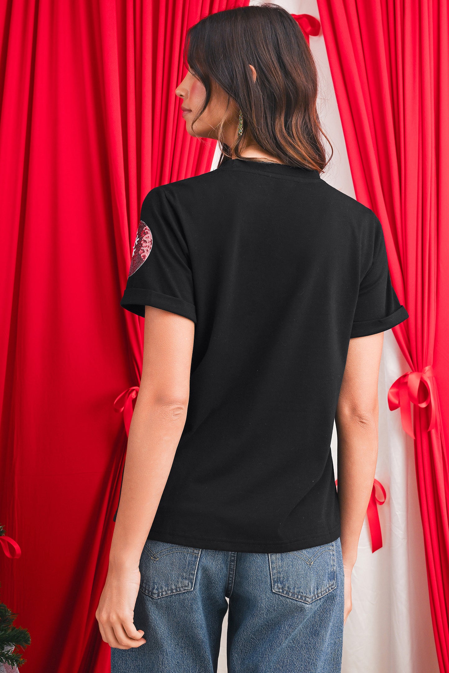 Black Sequin Christmas Graphic Patch Application Crewneck T Shirt