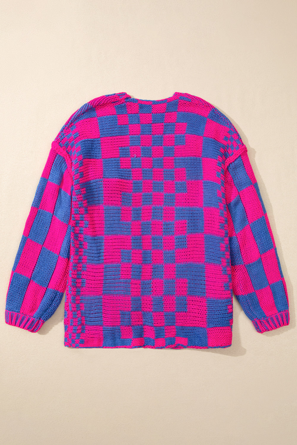 Colorblock Checked Open Front Knitted Cardigan