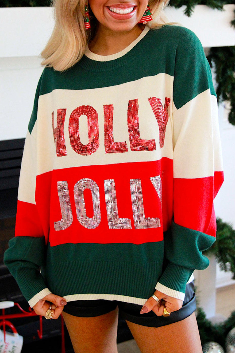 Green HOLLY JOLLY Sequined Colorblock Crew Neck Sweater Christmas
