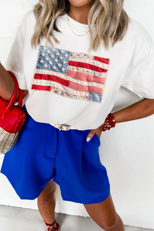White Faux Patchwork Printed US Flag Casual Tee 4th of July