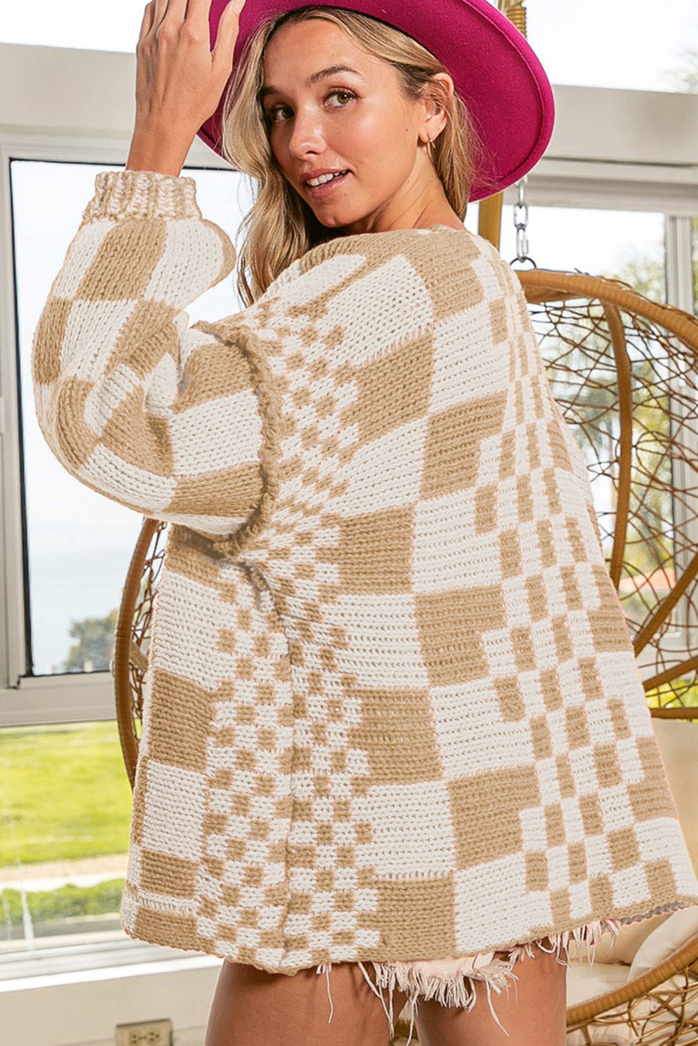 Colorblock Checked Open Front Knitted Cardigan